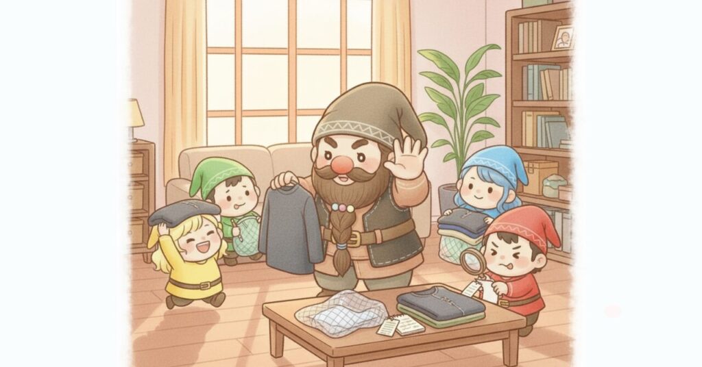 リビングでドワーフが5本の指を広げながらリライブインナーを持ち、小人たちと一緒に選び方を確認している様子を描いた安心感のあるイラスト