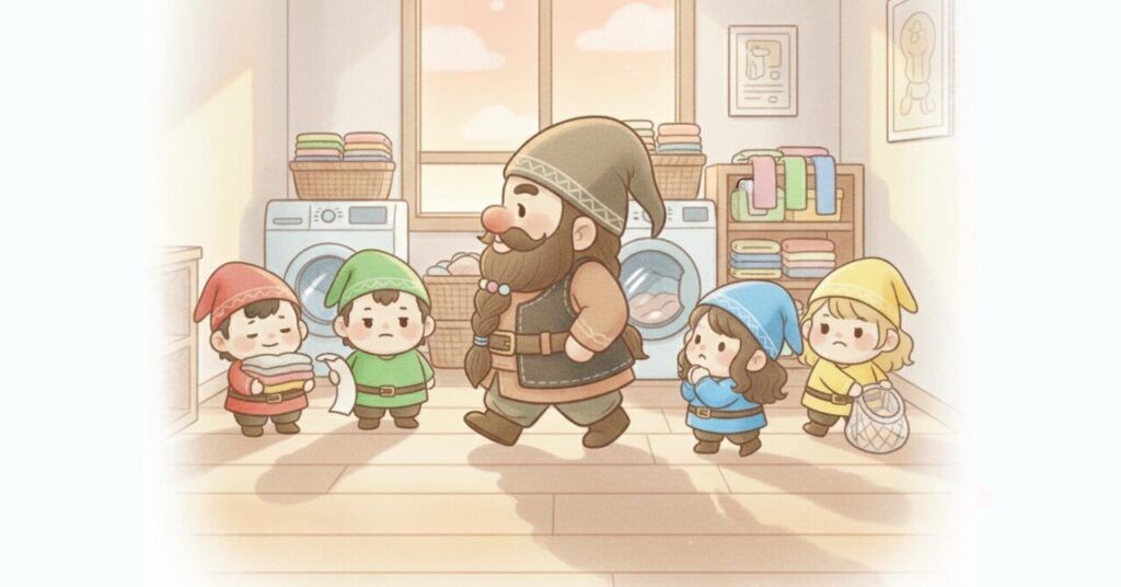 洗濯後の部屋でドワーフと小人たちが洗濯ルールを整理し、リカバリーウェアの不安を解消しているイラスト