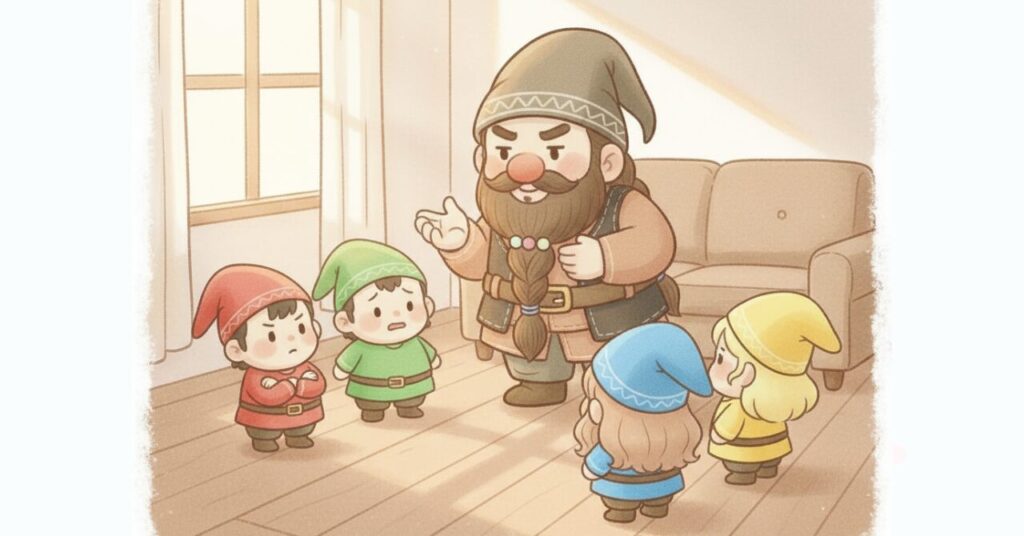 リカバリーウェア選びで失敗しない理由を、ドワーフが4人の小人に説明しているイラスト