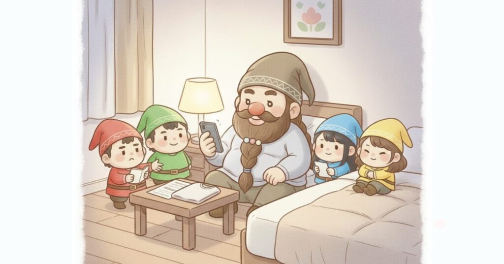 スマホで情報を確認しながら安心した表情のドワーフと、メモや紙を手に見守る小人たちのイラスト。ベネクスのおうちインナーに関する不安や疑問を解消し、次の一歩を後押しする記事用画像