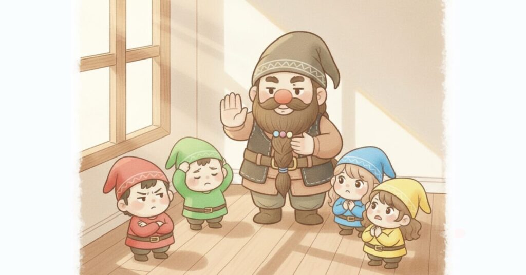 リカバリーウェア選びで失敗しやすい人の典型パターンを、ドワーフが止めて正しい判断へ導くイラスト