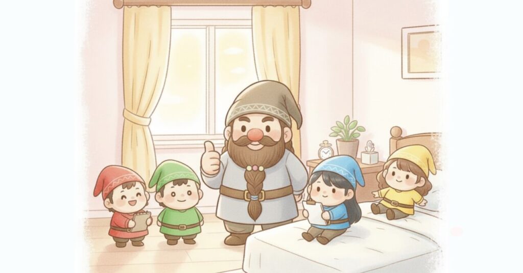 ベネクスのおうちインナーを理解して親指を立てるドワーフと、メモやチェックリストを手に満足そうな小人たちのイラスト。記事のポイントを振り返り、安心して行動できるよう導くまとめ用画像