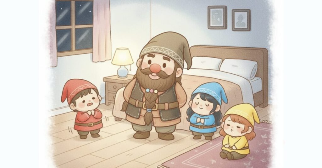 冬の寝室で穏やかな表情のドワーフを中心に、不安そうだった小人たちが次第に安心した様子で集まっている場面。ベネクスのコンフォートヒートに関するよくある疑問や不安が解消されるFAQパートを表現したイメージ