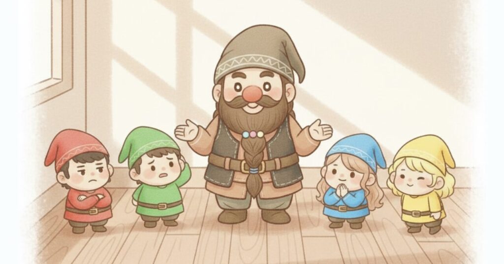 ドワーフが中央で案内し、4人の小人がそれぞれ異なる反応を見せる様子。リカバリーウェアは人によって合う選び方が違うことを表現したイラスト。