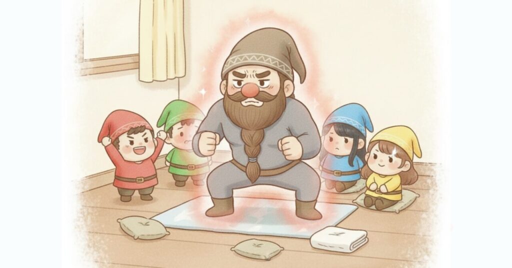 赤いオーラをまとって踏ん張るドワーフを中心に、応援や心配をする小人たちが見守るイラスト。ベネクスのおうちインナーの使い方や比較、失敗しない判断の大切さを伝える記事用画像
