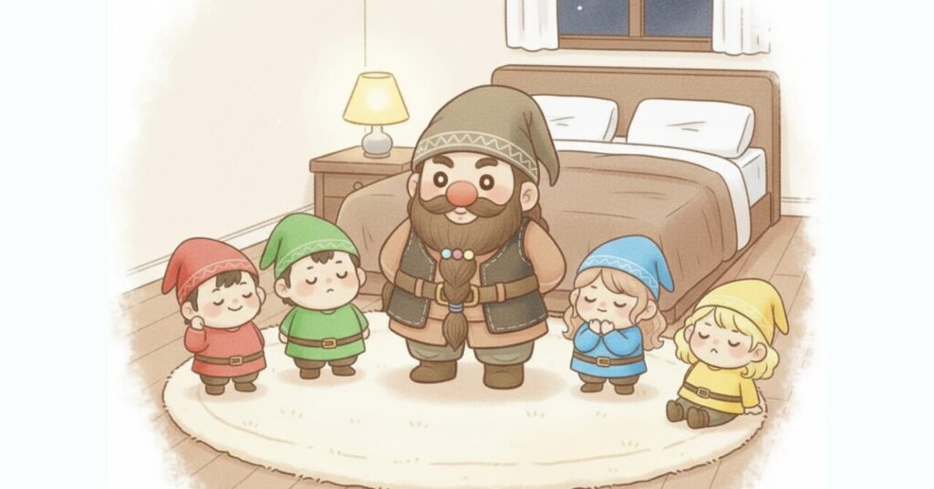 冬の寝室で中央に立つドワーフの周りに、小人たちが安心した表情で集まっている様子。ベネクスのコンフォートヒートの特徴や向いている人、比較ポイントを読み終えたあとの落ち着いたまとめシーンを表現したイメージ