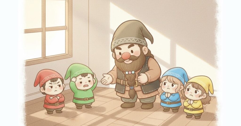 リカバリーウェア選びで不安を感じる人たちに、ドワーフがやさしく説明して安心させているイラスト