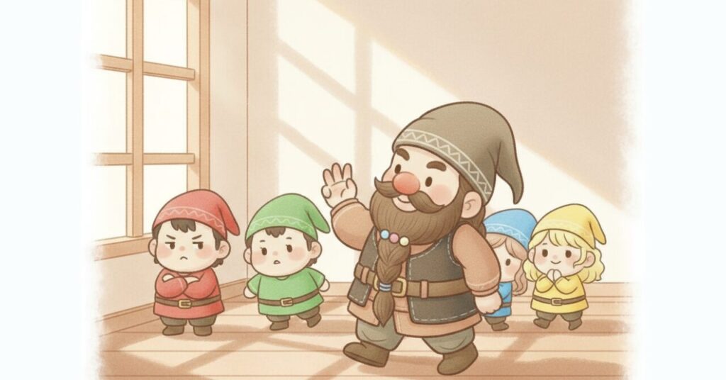 リカバリーウェア選びで失敗しないためのポイントを、ドワーフが小人たちを導きながら振り返っているイラスト