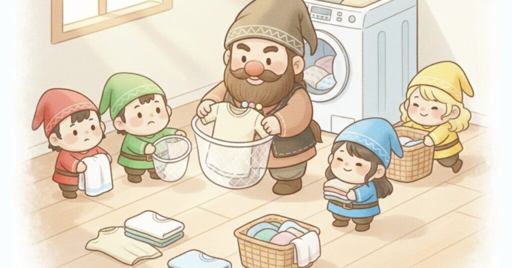 ドワーフが洗濯ネットを使って衣類を仕分けし、小人たちがタオルや服を持ちながら一緒洗いの準備を進めている様子。リカバリーウェア・タオル・普段着を失敗せずに洗う条件が整理され始めた場面。