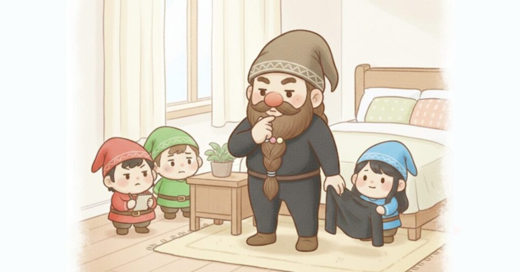 朝の光が入る寝室で黒いリライブインナーβを着たドワーフが顎に手を当てて考え込み、小人たちに囲まれながら仕組みや注意点を整理している安心判断シーンのイメージ画像