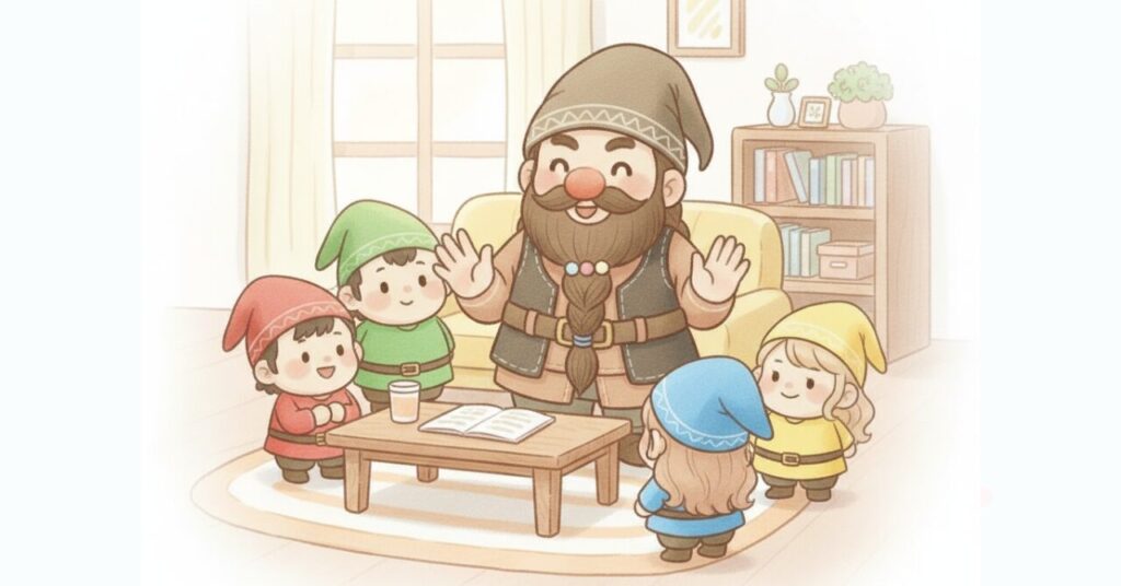 リビングでドワーフを中心に小人たちが集まり、テーブルの上のノートを囲んで記事内容を振り返っている様子を描いた、まとめパート用のイラスト