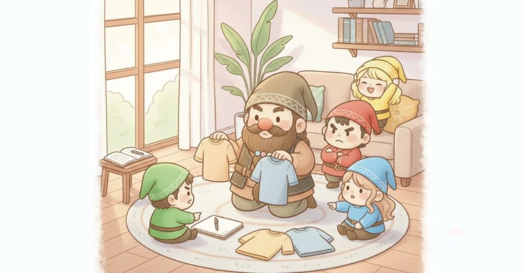 リビングでドワーフが2種類のリライブインナーを手に持ち、小人たちと一緒に相談しながら最終判断に迷っている様子のイラスト