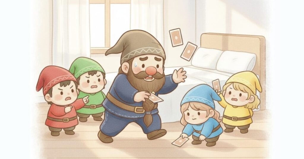 寝室で順番がバラバラになったカードを慌てて拾い集めるドワーフと、小人たちが見守るリカバリーウェア選びのイメージ画像