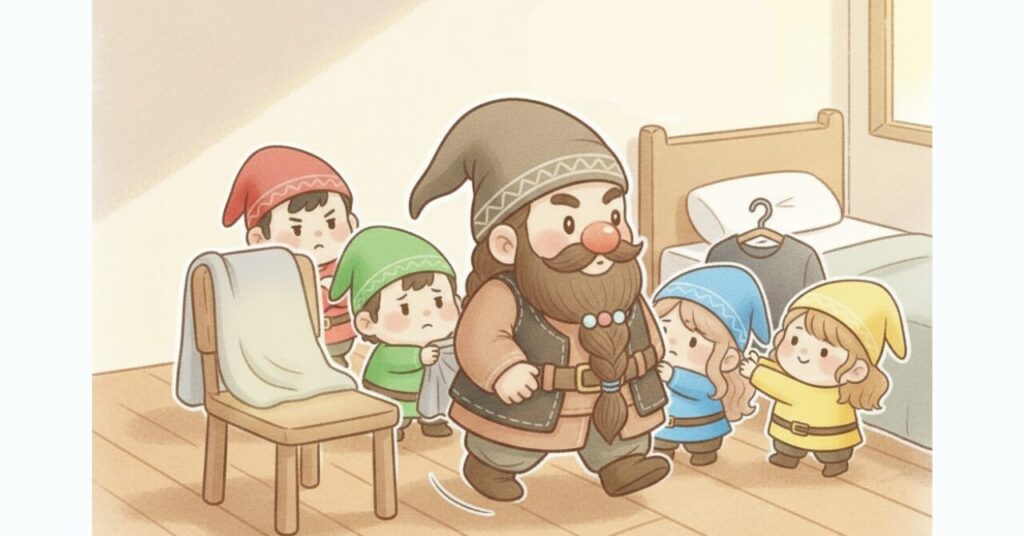 リライブシャツαとβが置かれた寝室で、ドワーフが迷いながら歩き出し、小人たちが周りで見守ったり背中を押したりしている場面を描いたイラスト。