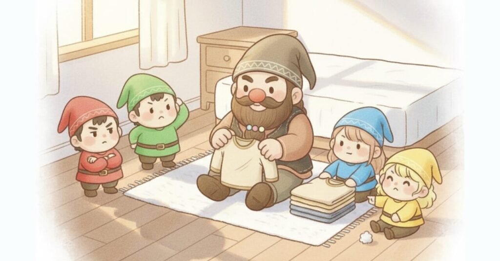 リカバリーウェアの寿命が1〜2年とされる理由を、服を畳みながら考えるドワーフと小人たちで表現したイラスト