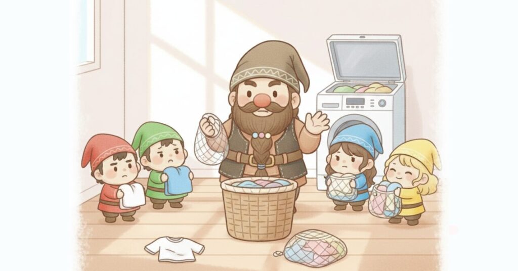 洗濯前にリカバリーウェア・タオル・普段着を前にして、家族ごとの洗い方を迷いながら判断しているドワーフと小人たちのイラスト