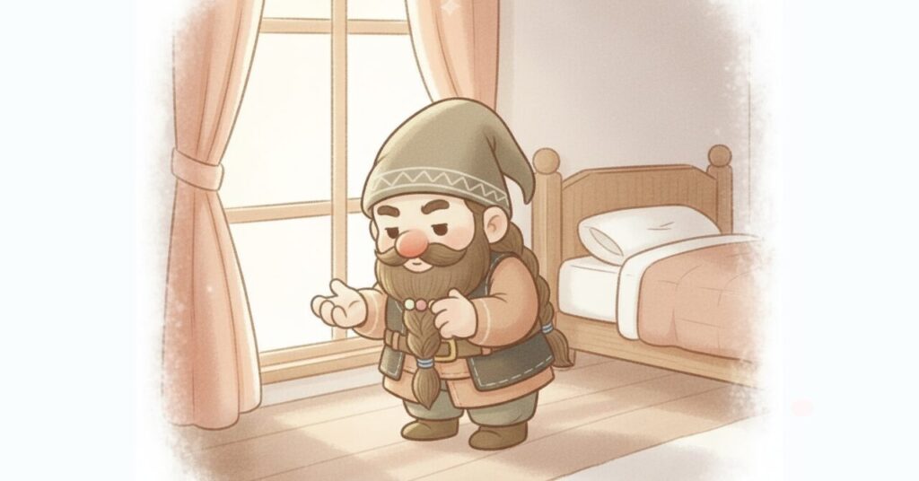 朝の光が差し込む寝室で、ドワーフが考えながら手を動かしている様子。ベネクスのリカバリーウェア「コンフォートタッチ」の効果や特徴に納得していく理由を表現したイメージ