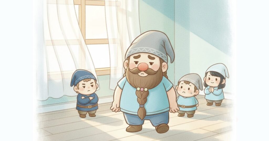 夏用リカバリーウェアのベネクス「コンフォートクール」を着たドワーフが、周囲の小人たちと同じ室内で向いているかを考えているチェック前のシーン