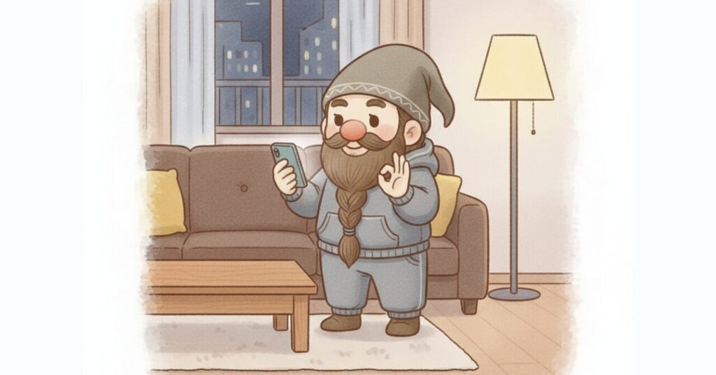 ベネクスのリカバリームーブを着たドワーフが夜のリビングでスマホを見ながら納得した表情でOKサインを出している様子。PHT繊維の効果や非着圧設計、向いている人が分かる結論シーンのイメージ画像