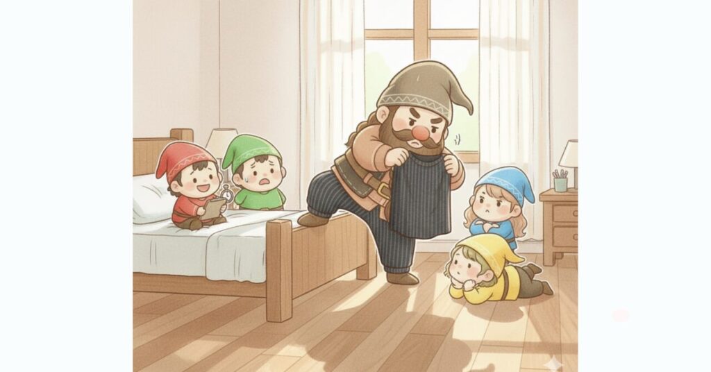 ベネクスのニットサッカー素材リカバリーパジャマを着たドワーフが朝の寝室で片足をベッドにかけながら生地を引っ張って確認し、小人たちが測定や観察をしている様子を描いた強みと弱みを検証する記事用アイキャッチ画像