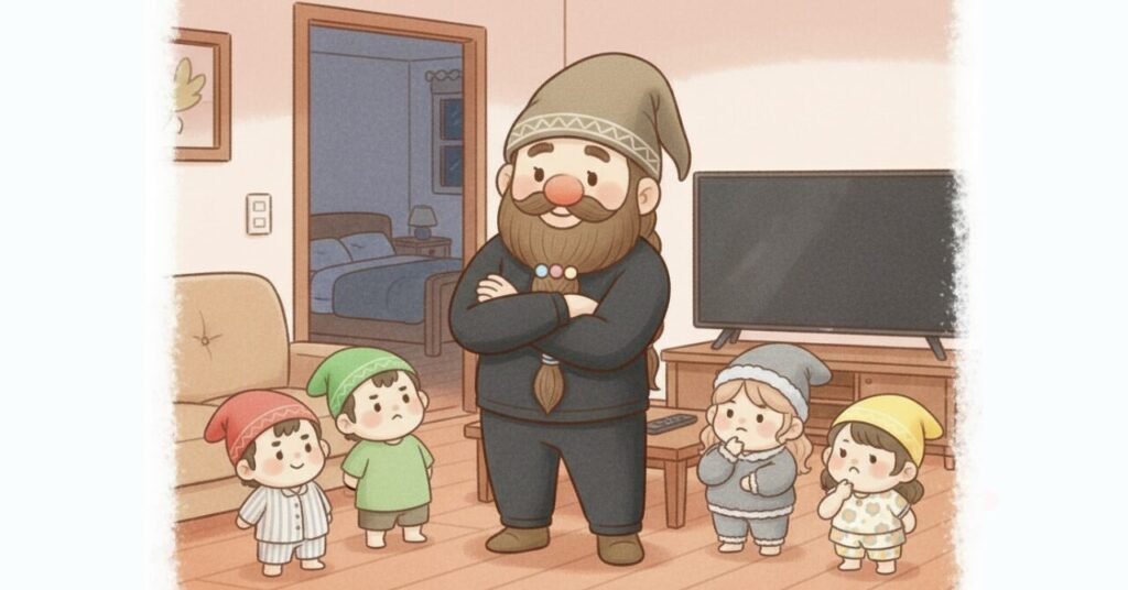 黒い長袖リカバリージャージを着たドワーフが夜のリビングで腕を組んで考え込み、周囲で異なる服装の4人の小人たちが見守っている様子。ベネクスのジャージ型と他シリーズを比較している場面