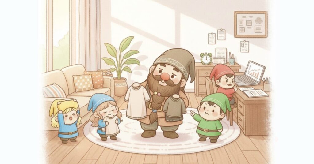 ドワーフがリライブインナーを持ち比べながら、小人たちと体感の違いや仕事向きかどうかを確認して納得している様子のイラスト