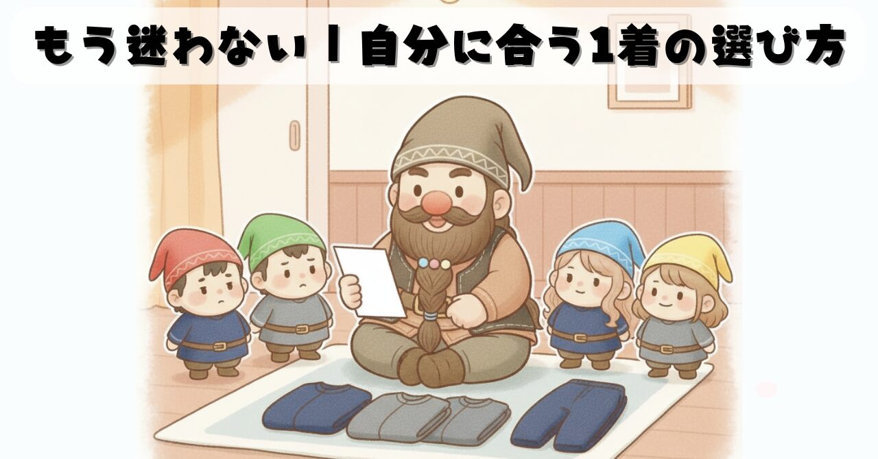 リカバリーウェアの選び方を4つのチェックで整理するドワーフと小人たちのイラスト