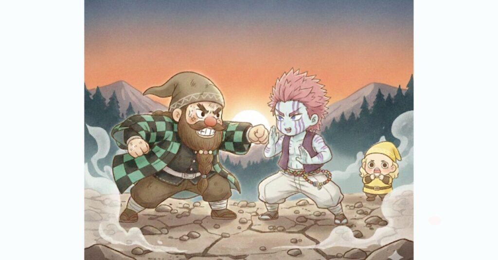 朝焼けの山間で黒いインナーを着たドワーフと強敵役の小人が向き合い、リライブインナーβの体験談を象徴する努力と回復の瞬間を表現した対決シーンのイメージ画像