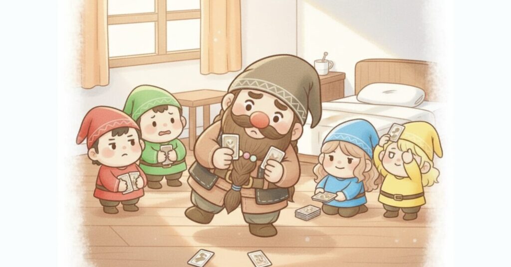 寝室で2枚のカードを見比べながら選択を絞り込むドワーフと、小人たちが見守るリカバリーウェア選びのイメージ画像