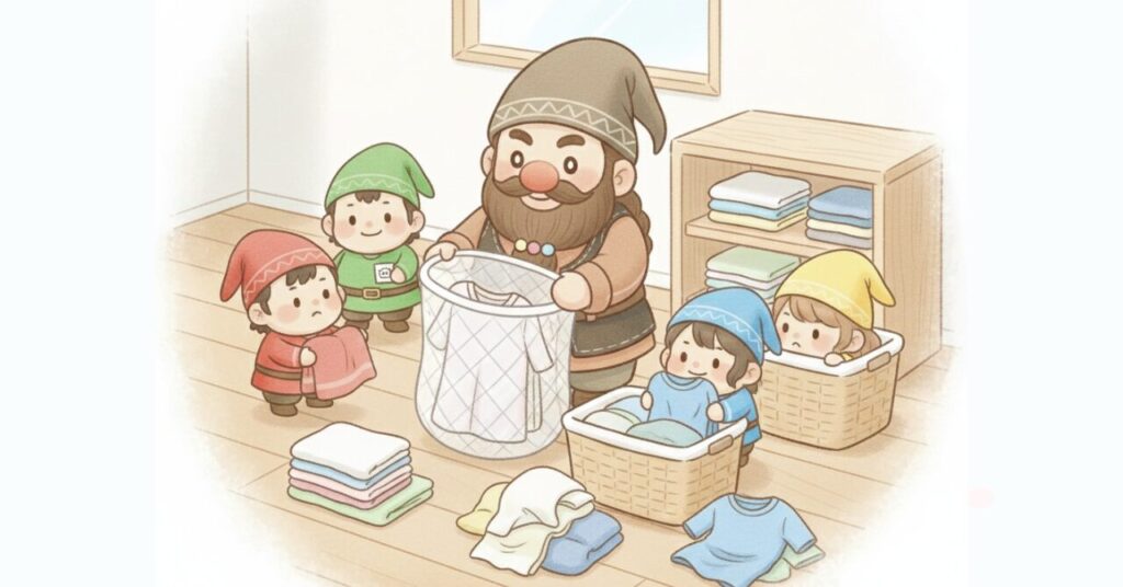 ベネクスのリカバリーウェアを他の衣類と一緒に洗う前、洗濯ネットに入れて準備するドワーフと小人たちの様子