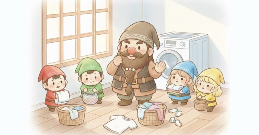 リカバリーウェアを他の洗濯物と一緒に洗う際の疑問に悩むドワーフと小人たちの様子。洗濯カゴやタオルを手に、それぞれ違う不安を抱えながら考えているFAQイメージ。