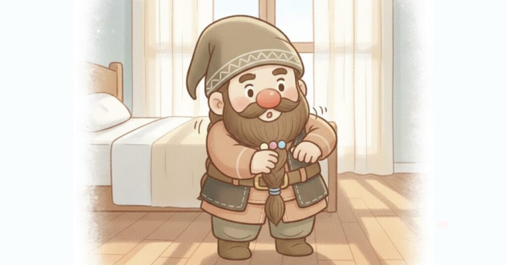 朝の寝室でドワーフが体を動かしながら調子を確かめている様子。ベネクスのリカバリーウェア「コンフォートタッチ」を実際に使って分かった体感や正直な感想を表現したイメージ