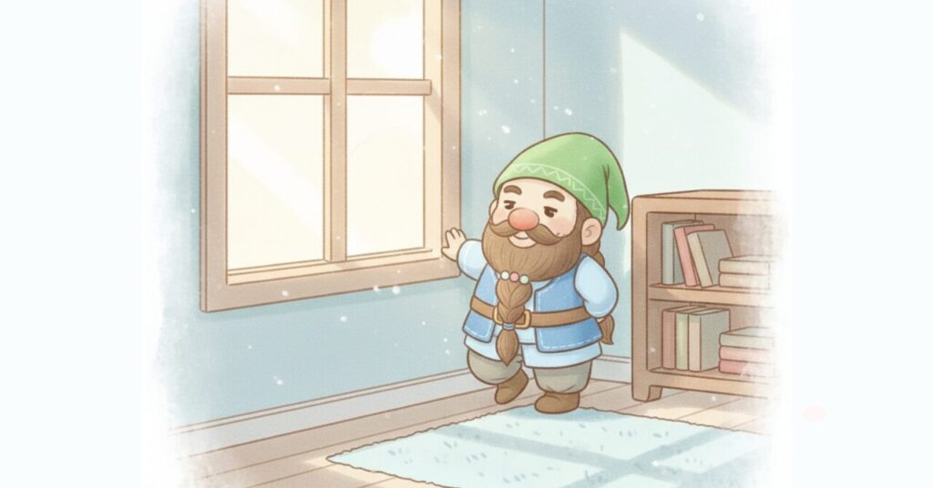 ベネクスの夏用リカバリーウェア「コンフォートクール」を着たドワーフが、明るい光の入る室内で窓に手を伸ばし、涼しさと安心感のある設計に納得しているシーン