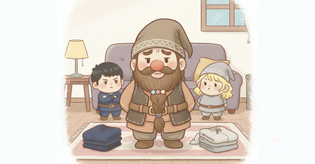 夜のリビングで複数のリカバリーウェアを前に迷うドワーフと小人たちを描いた画像。ベネクスのリカバリーデイズと他シリーズを比較し、実体験ベースで違いを考える判断途中のシーンを表現している