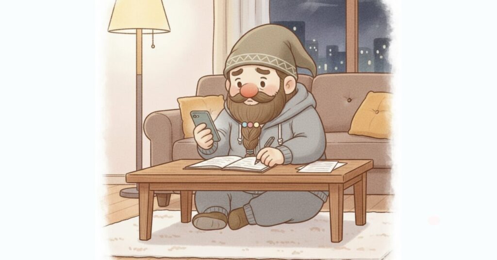ベネクスのリカバリームーブを着たドワーフが夜のリビングでスマホを見ながらノートにメモを取り、PHT繊維の仕組みや血行促進効果、非着圧設計について理解しようとしている様子のイメージ画像