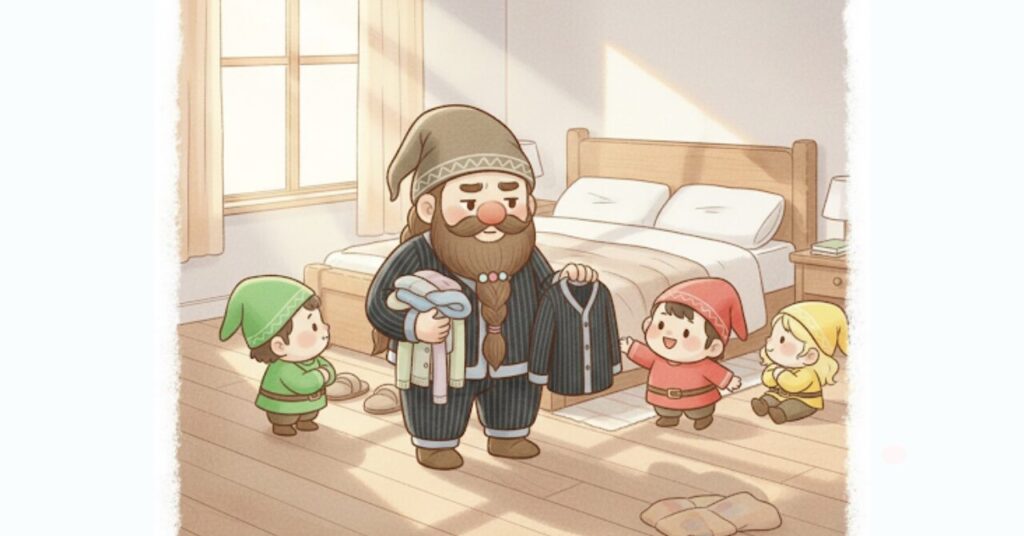 ベネクスのニットサッカー素材リカバリーパジャマを着たドワーフが朝の寝室で服を左右に持って迷い、小人たちがそれぞれ違う反応をしながら見守っている様子を描いた、生活スタイル別の向き不向きを解説する記事用アイキャッチ画像