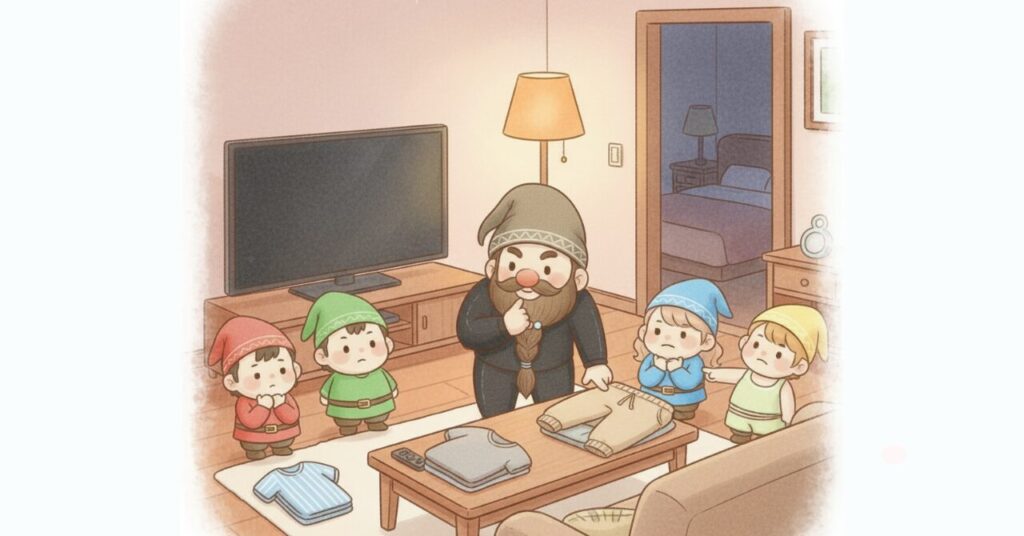 黒い長袖リカバリージャージを着たドワーフがテーブルに並べた複数のリカバリーウェアを見比べて考え込み、周囲で4人の小人が見守っている様子。ベネクス主要シリーズを比較している場面