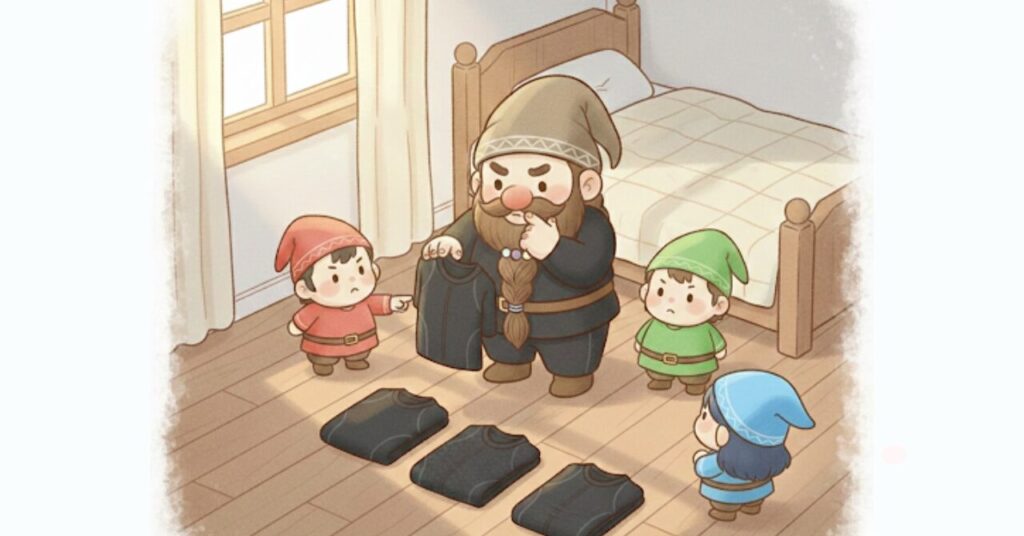 朝の光が入る寝室で黒いインナーを床に並べ、通常モデル・α・βの違いを考えながら悩むドワーフと小人たちの比較検討シーンのイメージ画像