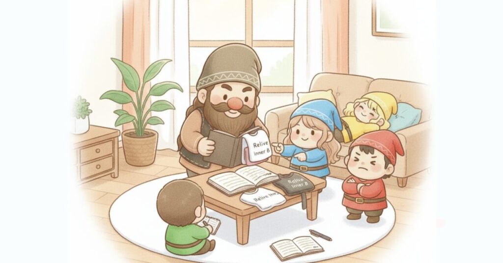 リビングでドワーフがノートを読みながらリライブインナーとβを振り返り、小人たちと一緒に内容を確認して納得している様子のイラスト