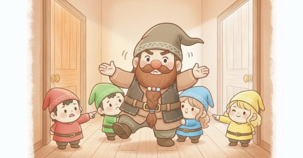 左右に並ぶ二つの扉の前で進む方向に迷うドワーフを、赤・緑・青・黄の小人たちがそれぞれ違う方向を指さして促している様子を描いた診断イメージ。動きの途中で足が浮きかけているドワーフの姿がユーモラスな雰囲気。