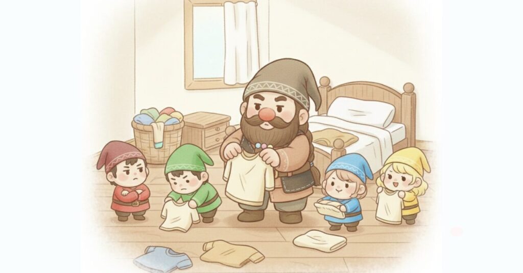 リカバリーウェアの寿命を縮めてしまいやすい行動を、服を雑に扱いかけているドワーフと小人たちの様子で表現したイラスト