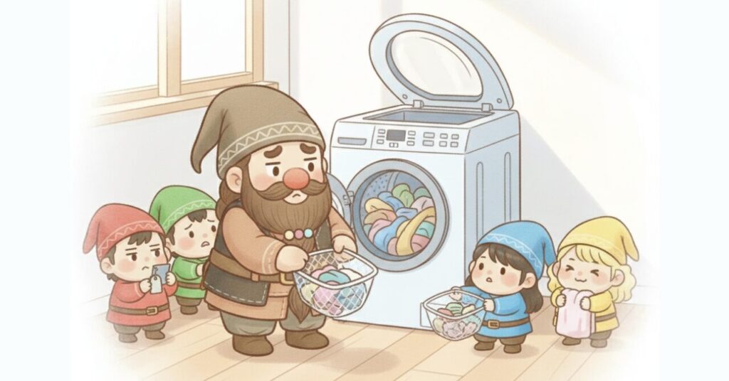 リカバリーウェアとタオルを一緒に洗う際、判断がズレて失敗が起きやすい洗濯中の様子を表したイラスト