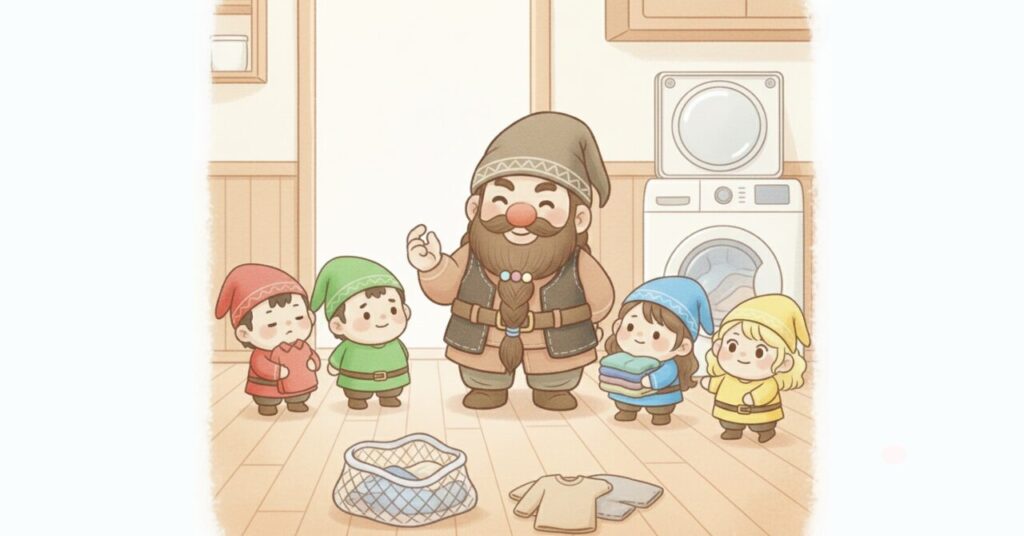 リカバリーウェアと普段着の洗濯ルールを理解し、ドワーフと小人たちが安心した表情で一段落している様子