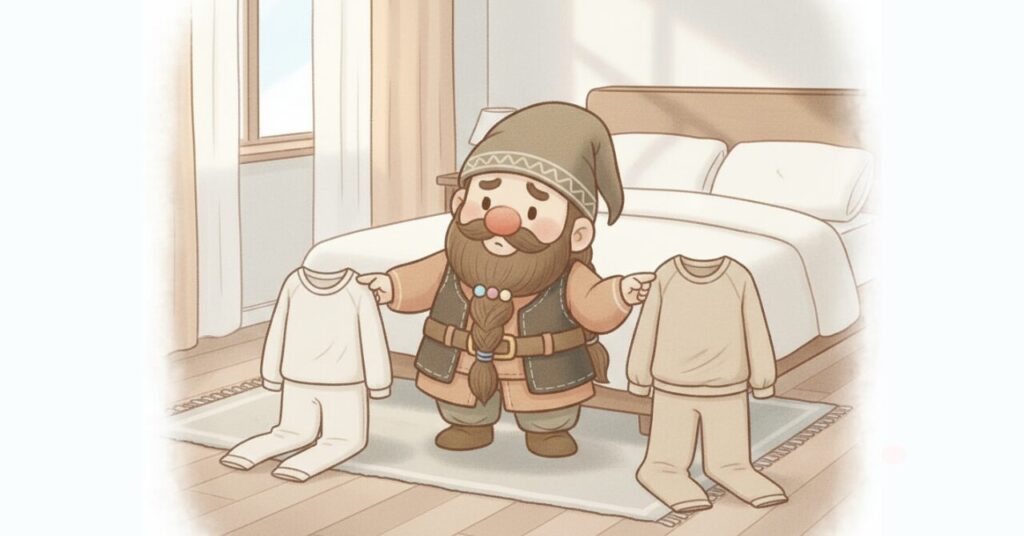 寝室でドワーフが2着のリカバリーウェアを左右に持ち、どちらにするか迷っている様子。ベネクスのコンフォートタッチと他シリーズを比較し、違いを見極めているイメージ