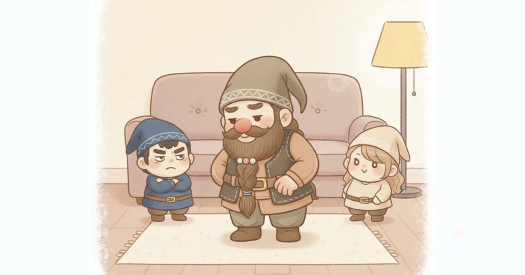 夜のリビングでリカバリーウェアを着たドワーフが立ち止まり、無理をしない使い方に納得している様子を描いた画像。ベネクスのリカバリーデイズを日常で無理なく続けるための現実的な使い方と安心感を表現している