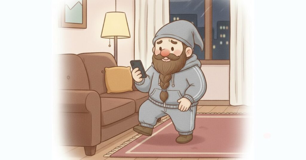 ベネクスのリカバリームーブを着たドワーフが夜のリビングで歩きながらスマホを見て、使用後の体の軽さや疲れにくさを実感している様子。非着圧設計やPHT繊維の体感レビューを表したイメージ画像