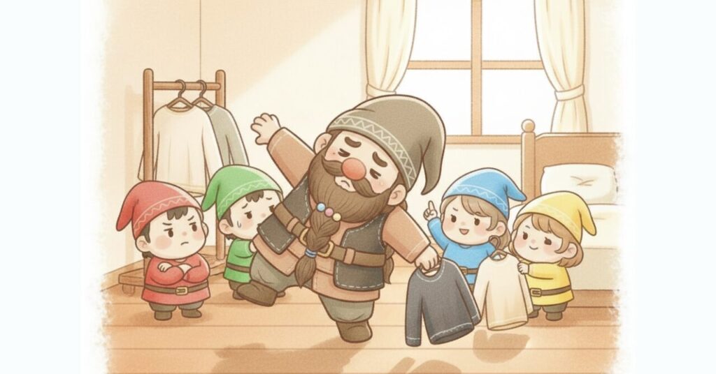 強すぎるリカバリーウェアを選びかけているドワーフと、止めようとする小人たちがいる場面。40代の失敗しやすい選び方を象徴するイラスト。