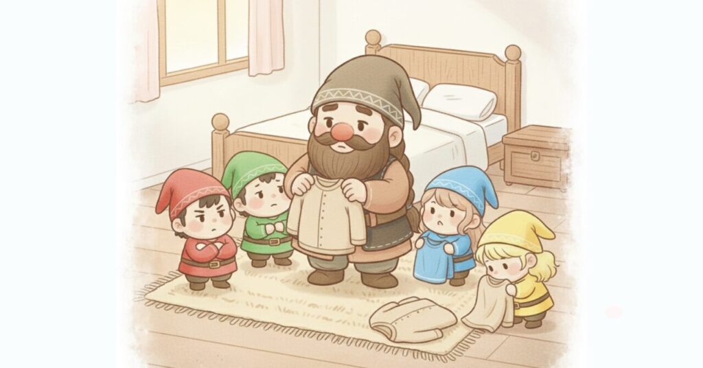 リカバリーウェアの着心地や状態の変化に気づき、買い替えを検討し始める様子をドワーフと小人たちで表現したイラスト