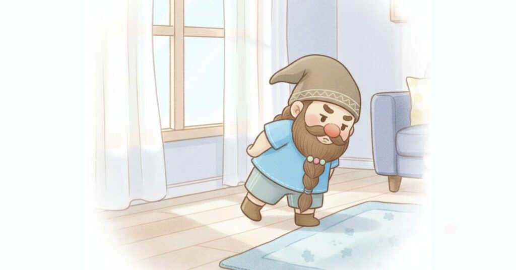 ベネクスの夏用リカバリーウェア「コンフォートクール」を着たドワーフが、室内で一歩踏み出しかけて立ち止まり、自分に合うかを慎重に考えている途中のシーン