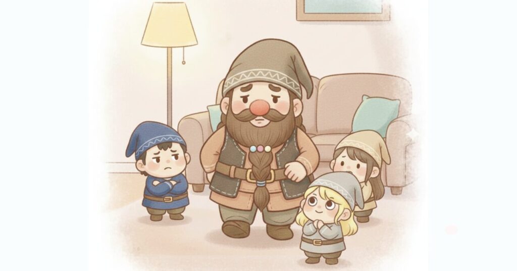 リカバリーデイズのよくある不安をドワーフと小人が囲んで確認している様子。購入前に感じやすい疑問やFAQを安心して整理できるイメージ